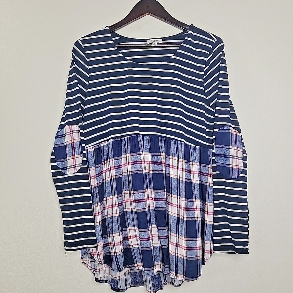 Umgee Babydoll‎ Top Medium Oversized Striped Plaid Elbow Patch Navy